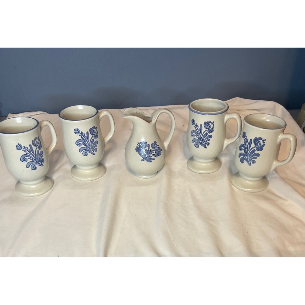 Vintage Pfaltzgraff Folk Art Blue Flower Footed Mug Set of 4 & Creamer Pitcher